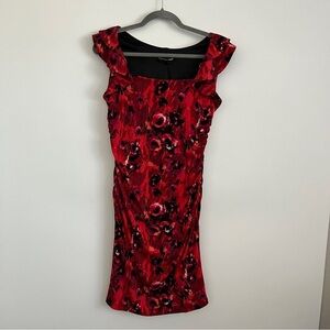 Vintage 90s Saint Tropez West Red Floral Ruffle Bodycon Dress-Women’s Size 10